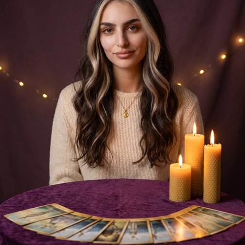 Selene con su baraja de tarot y velas